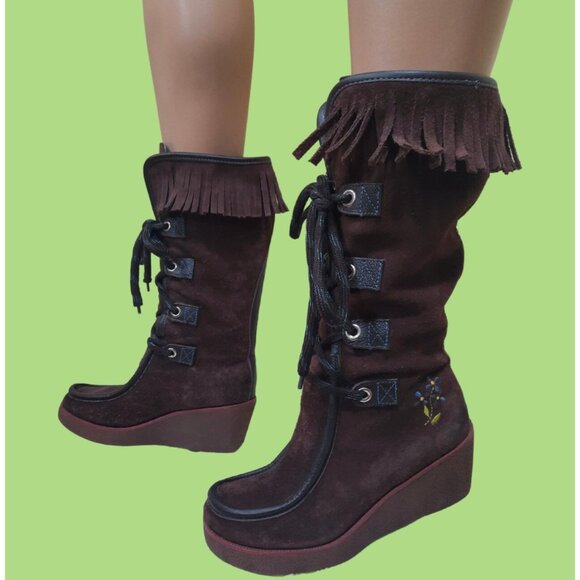Y2K Tommy Hilfiger Fringed Boho Boots Size 6 Embroidered Lace Up Wedge Heels - Picture 1 of 16